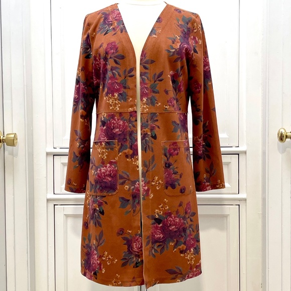 Solitaire Anthropologie Floral Faux Suede Open Front Duster Cardigan Women L - Picture 1 of 13